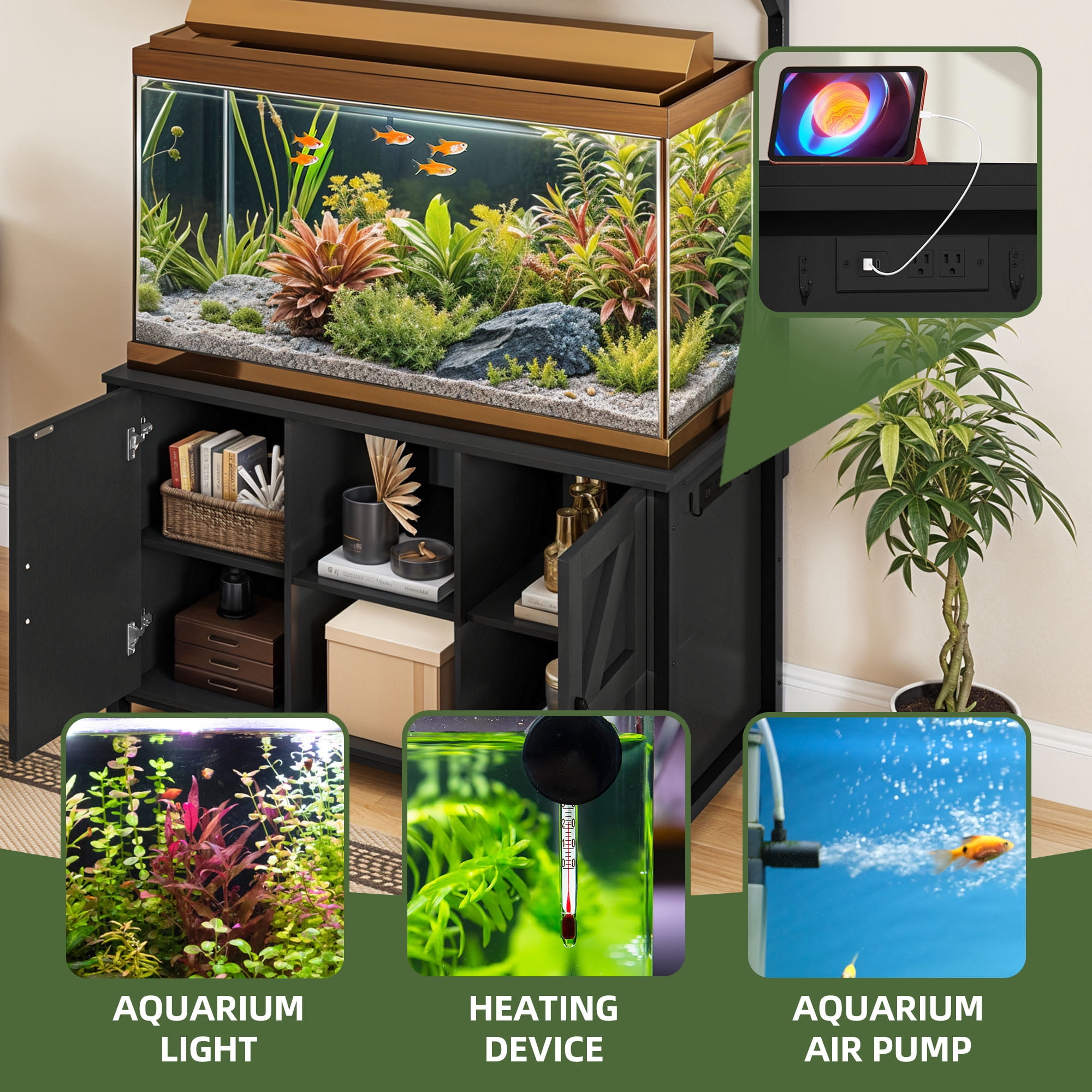 Uforic 120 Gal Fish Tank Stand w Shelf and Cabinet, 1100 Lbs Capacity, Power Outlets, Metal, Black