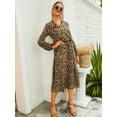 thumbnail image 4 of Women's Leopard Print Half Placket Long Lantern Sleeves Drawstring Tie Waist Midi Dress, Khaki, Large, 4 of 5
