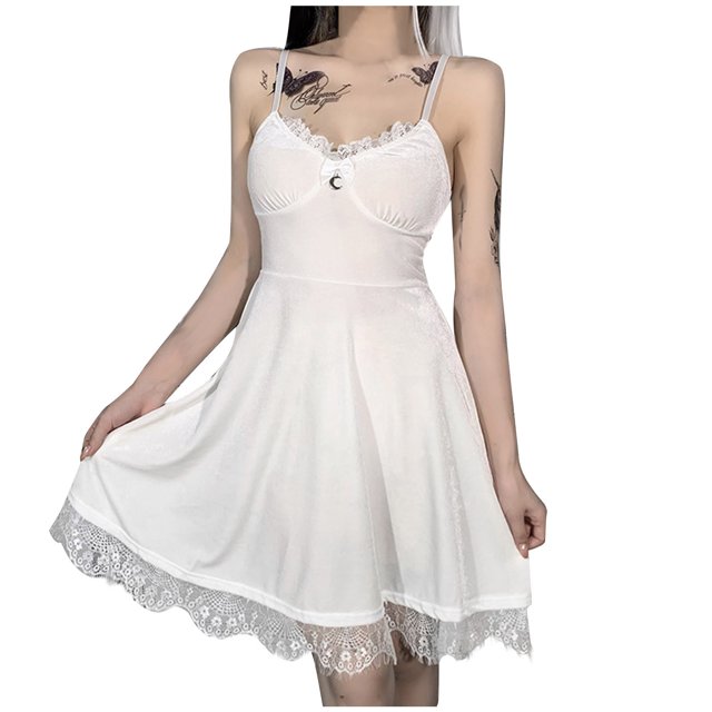 Mujeres Casual Sling Cuello redondo Empalme Encaje A-Line Sin mangas Vestido sólido Fridja hj6341