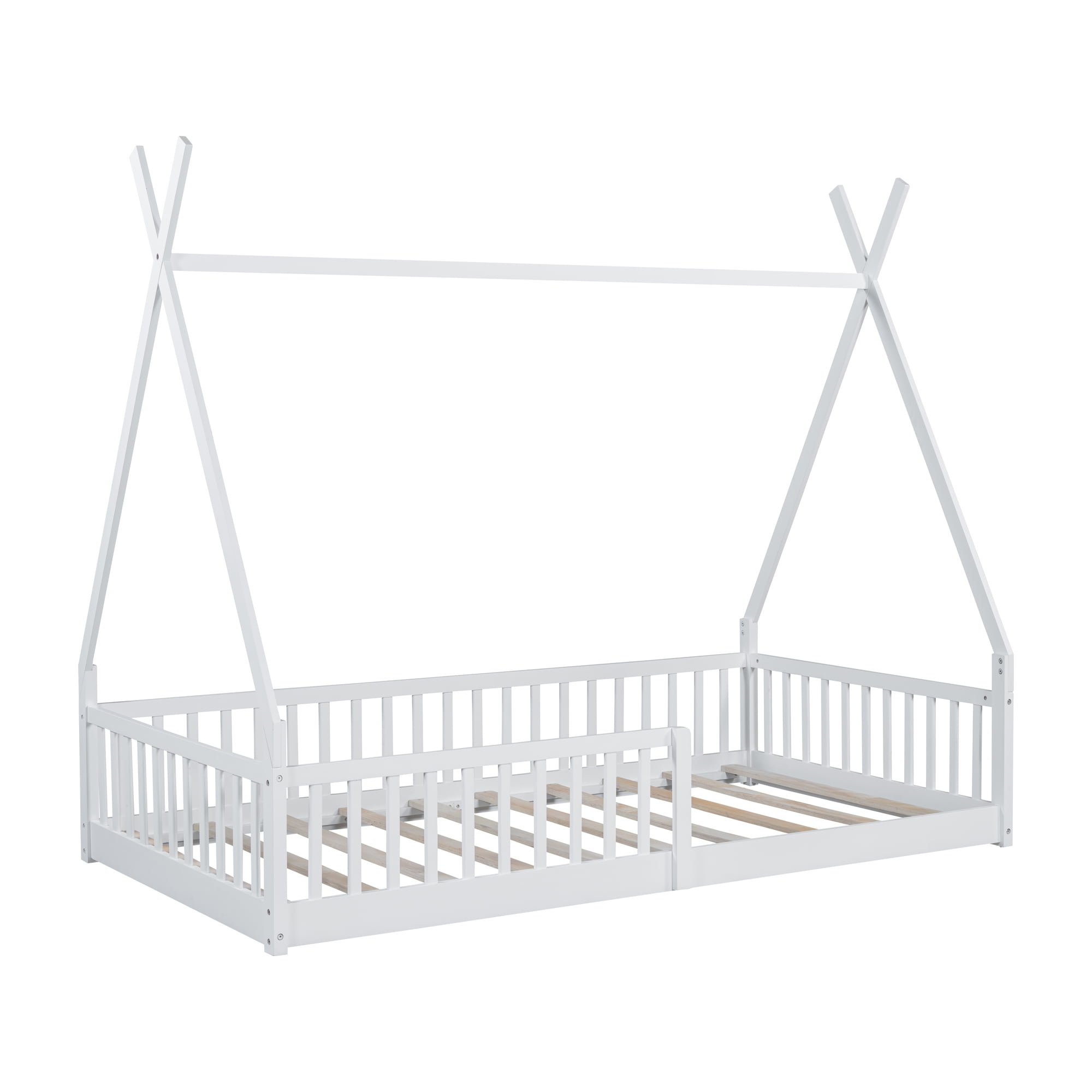 Euroco Twin Size House Platform Bed, Floor Bed with Guardrails for Kids Teens Room, White