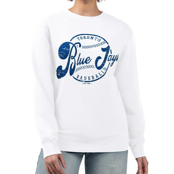 Women's G-III 4Her by Carl Banks White Toronto Blue Jays Distressed Baseball Team Fleece Pullover Sweatshirt