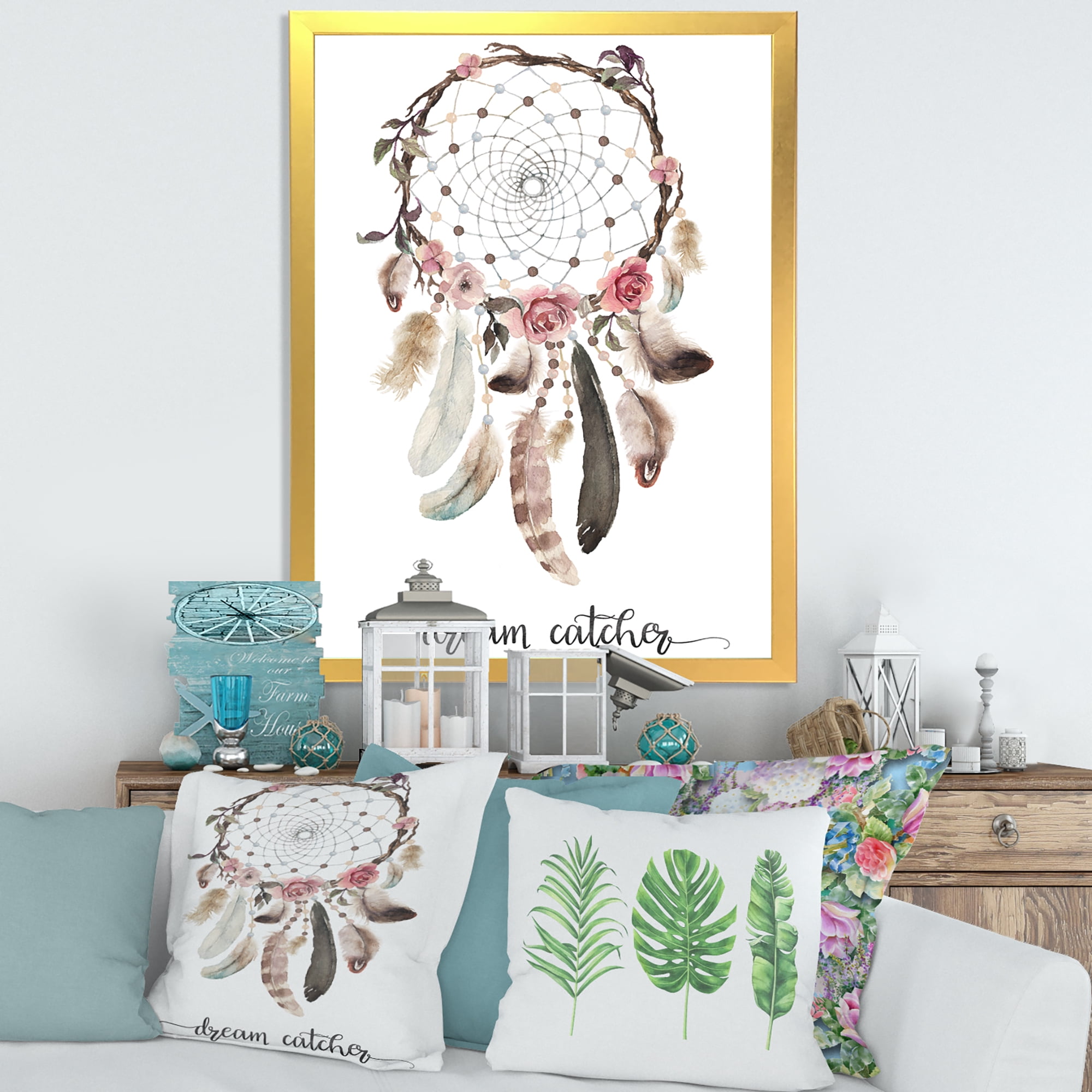 Designart 'Dream Catcher Made With Ethnic Feathers' Bohemian & Eclectic Framed Art Print