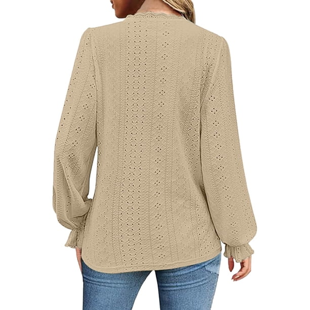 Top de manga larga con cuello en V y ribete de encaje para mujer - Blusa con detalle de ojales, poliéster/spandex, informal/playa - Tallas S-XXL