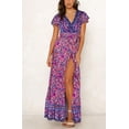 thumbnail image 3 of Vestido largo bohemio con estampado floral, cuello en V, manga corta, abertura para fiesta en la playa para mujer, 3 of 8