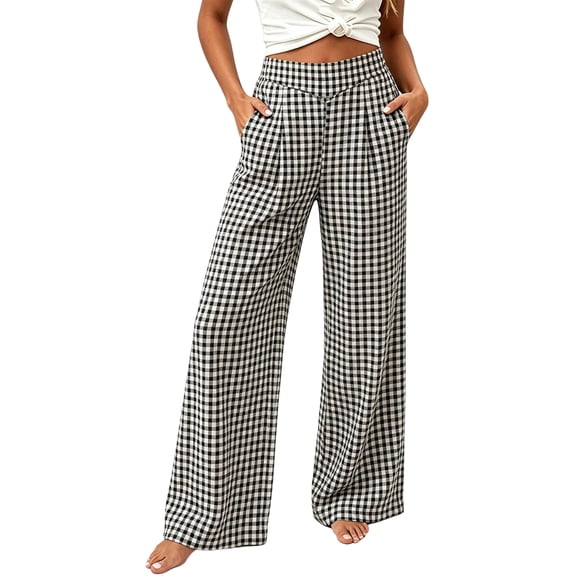 Gytharion 2026 Women's High Waist Wide Leg Pants Front Pleated Plaid Pants Casual Loose Trousers with Side Pockets