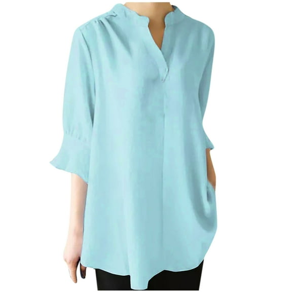 ChaoHeng Plus Size Women Tops Short Sleeve Printed Tops with Sleeves Women Casual Bohemian Style Half Sleeve Solid Cotton Linen Shirt Top Short Sleeve Stand Collar Tops Shirt Blouse