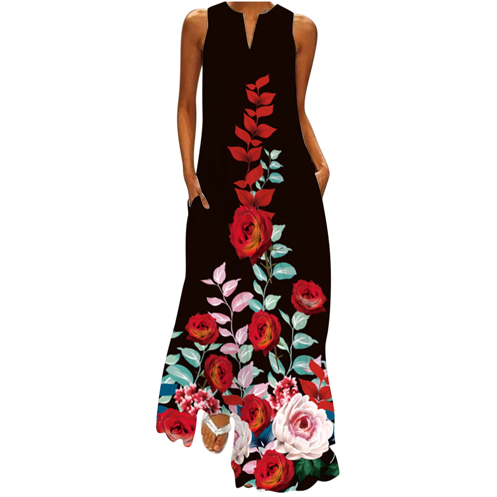 BLUEMING Women's Bohemian Floral Maxi Dress - V Neck, Ruffle Hem, Short Sleeve, Beach Party Dress - View #5