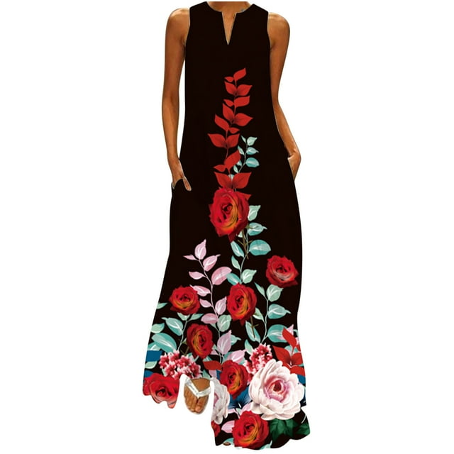 Pompotops Robe Longue Décontractée pour Femme avec Imprimé Rayé et Floral, Robe Maxi Sans Manches