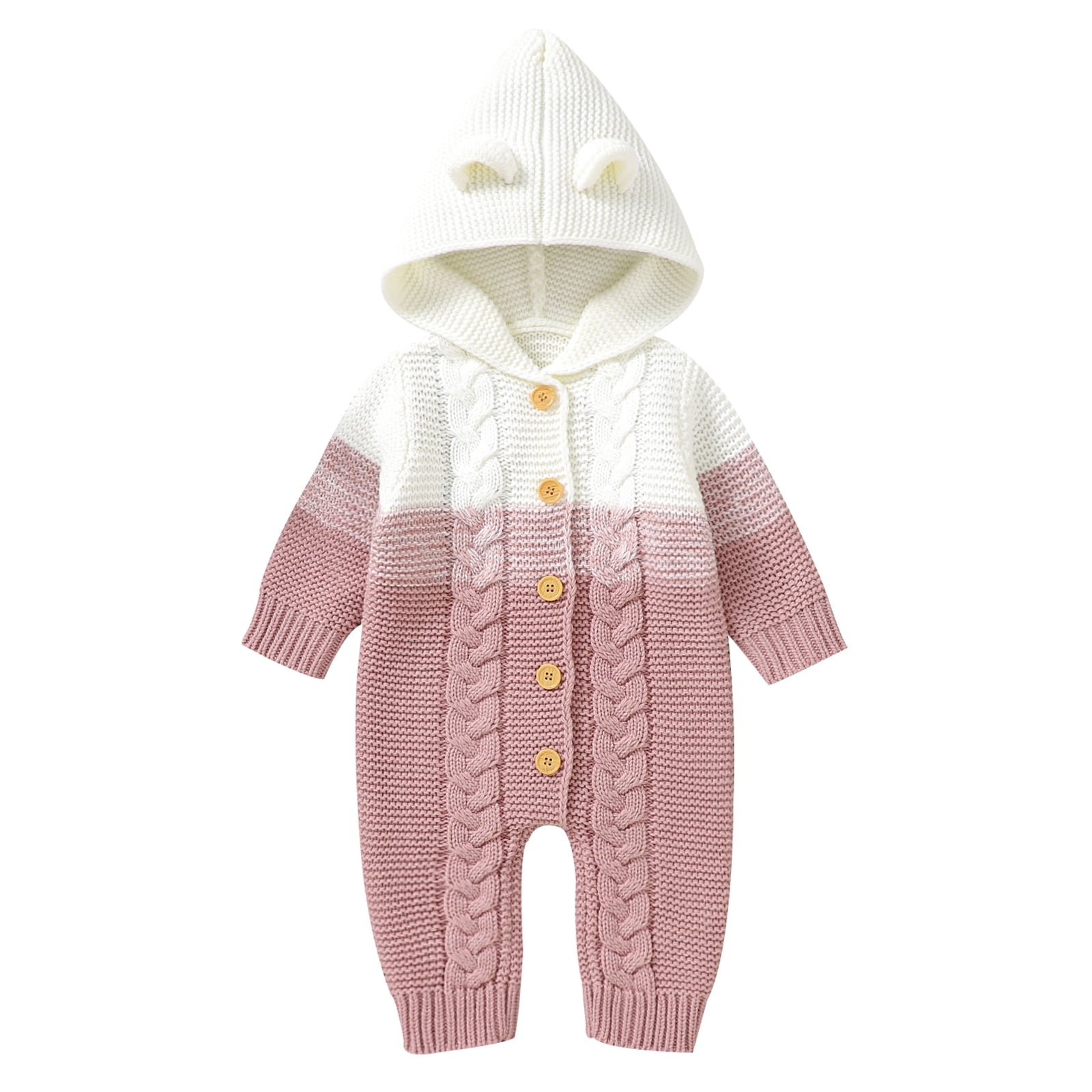 FYMNSI Newborn Baby Girl Boy Hooded Romper Infant Button Down Knitted Jumpsuit Fall Winter Clothes 0-3 Months Pink