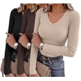thumbnail image 3 of Zeagoo Women Long Sleeve Basic Tee 3 Pack Fall V Neck Casual T-Shirt Ribbed Slim Fit Tops, 3 of 6