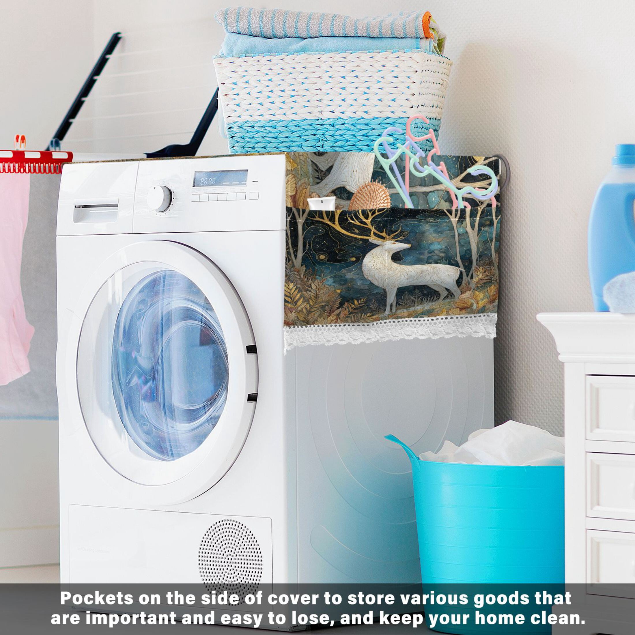 Wobogo Golden Antlered Deer Washing Machine Cover Dustproof Washer Dryer Cover Waterproof Laundry Room Decorative Protector