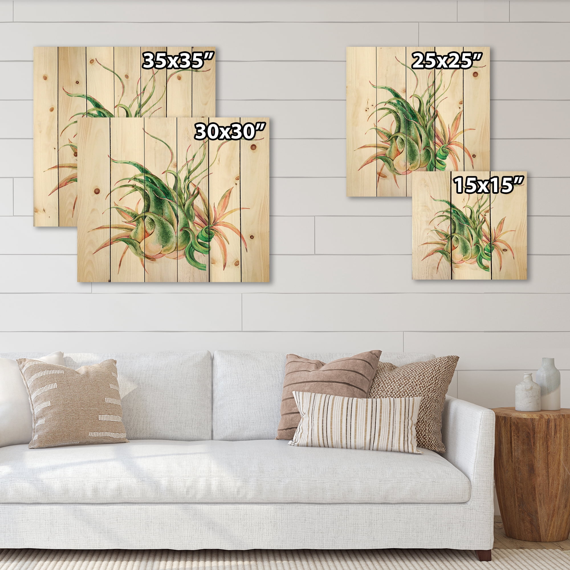 Designart 'Tropical Leaves Air Plant Succulent On White' Farmhouse Print on Natural Pine Wood
