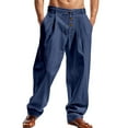 thumbnail image 3 of DODADAWANJ Mens Cotton Linen Pants Lightweight Summer Beach Pant Big and Tall Drawstring Elastic Waisted Baggy Trousers with Pockets Navy S, 3 of 8