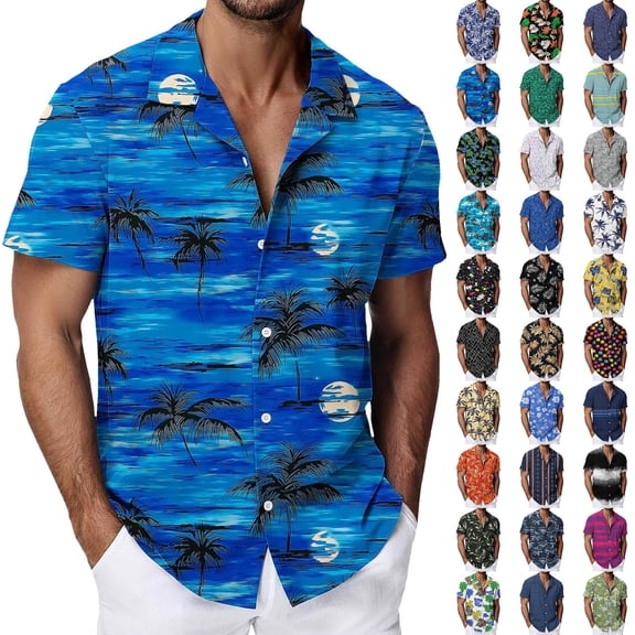 IWRICH Hawaiian Shirt for Men Short Sleeves Tropical Printed Casual Button down Summer Beach Floral Shirts 32-Blue XL