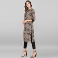 thumbnail image 4 of Janasya Indian V-Neck 3/4 Sleeve Floral Print Grey Cotton Kurta For Women, 4 of 8