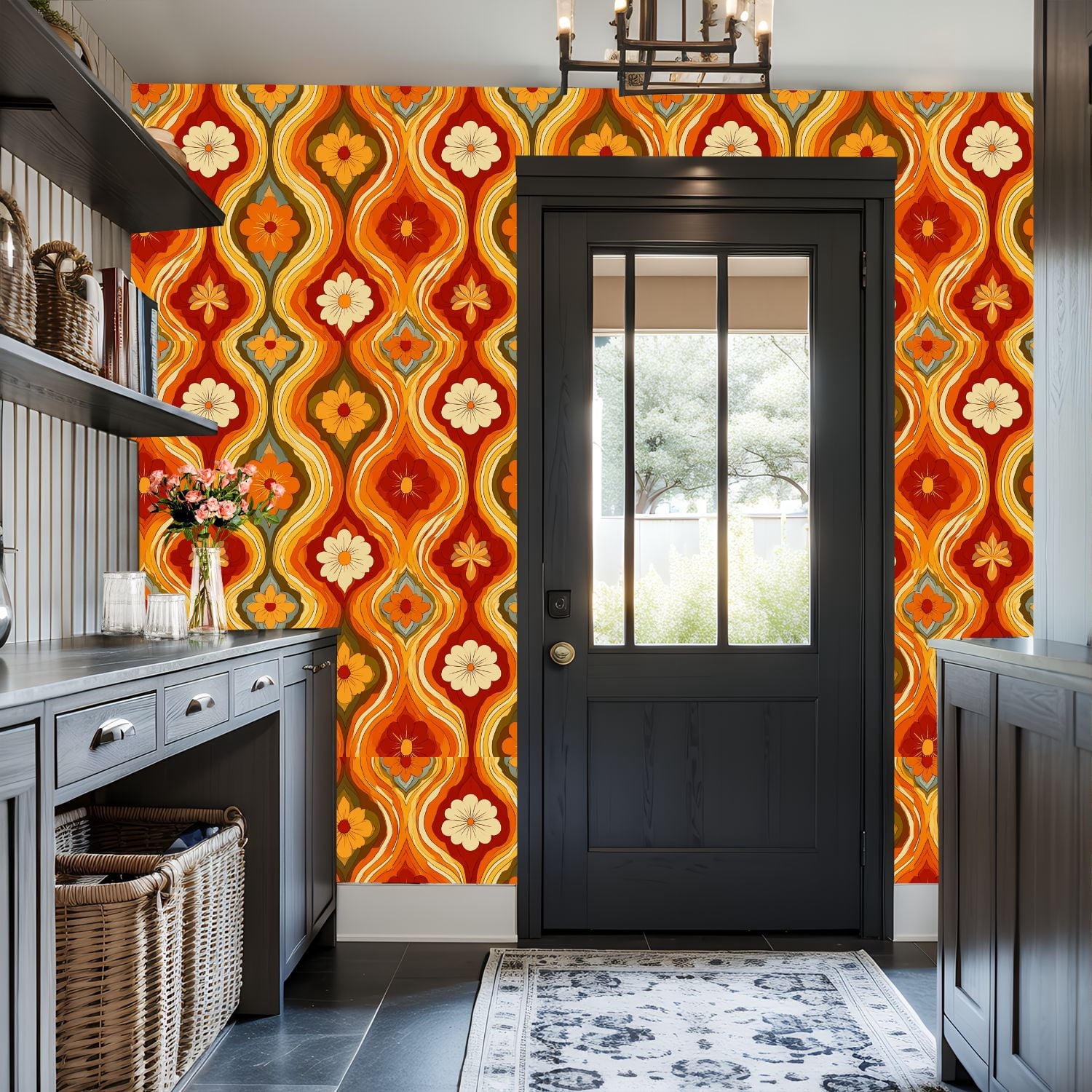 Vintage Peel and Stick Wallpaper Retro Floral Warm Tones Orange Red Yellow Wall Mural 17.7in x 9.8ft Self Adhesive Removable Wall Paper Renter Friendly Wallpaper for Nursery Bedroom Cabinets