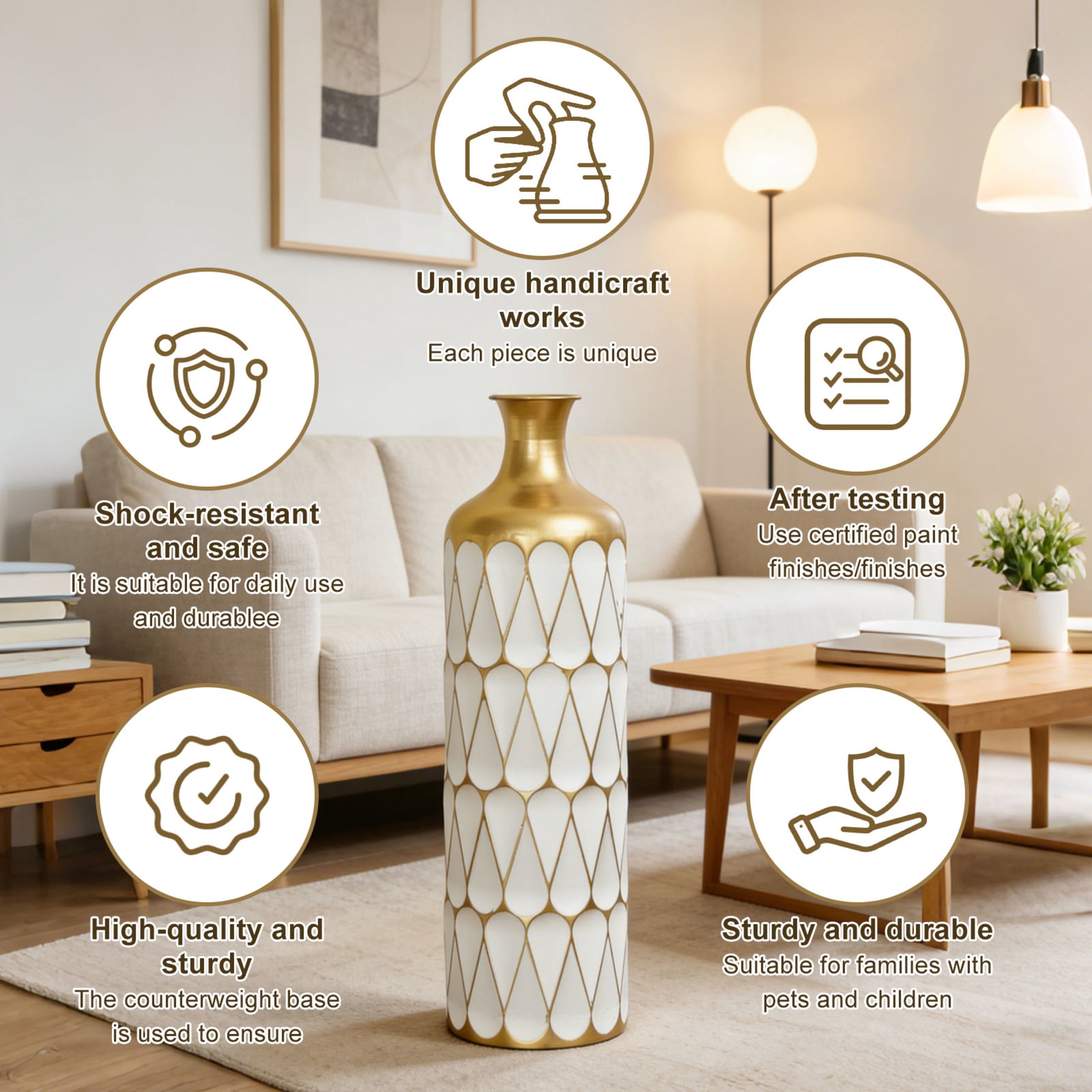 Noble House 22.83", 27.17", 31.5" Metal Floor Vase Set of 3, Geometric Textured Vases, Gold+White