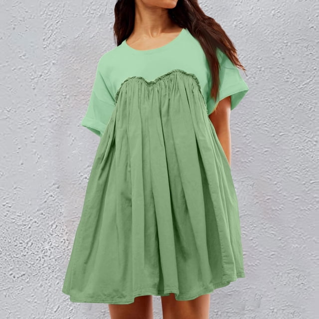 WILLBEST Robe de Bal Vert Foncé pour Femmes Mode Assortie Col Rond Manches Courtes Décontractée Ample Confortable