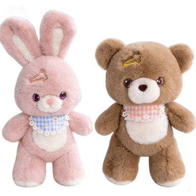 14in 2-Pack Animal Plush Toys for Kids, Soft Stuffed Bear & Bunny Dolls with Removable Hair Clips, Cute Decorative Plushies, Brown & Pink