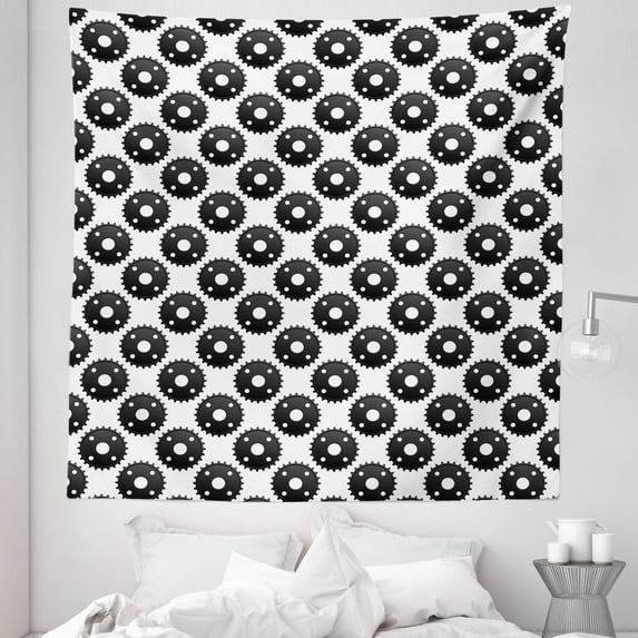 Engineering Theme Tapestry, Monochrome Repeated Circular Mechanic Industrial Pinions Gears Print, Fabric Wall Hanging Decor for Bedroom Living Room Dorm, 5 Sizes, Black and White, by Ambesonne