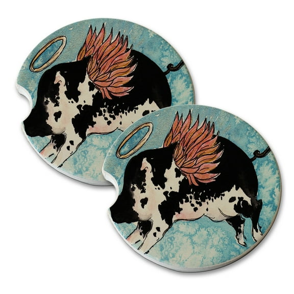 KuzmarK Sandstone Car Drink Coaster (set of 2) - Flying Angel Pig Animal Art by Denise Every