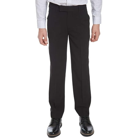 Calvin Klein Boys' Flat-Front Bi-Stretch Dress Pant, Straight Leg Fit, Belt Loops & Front Pockets 12 Husky Black