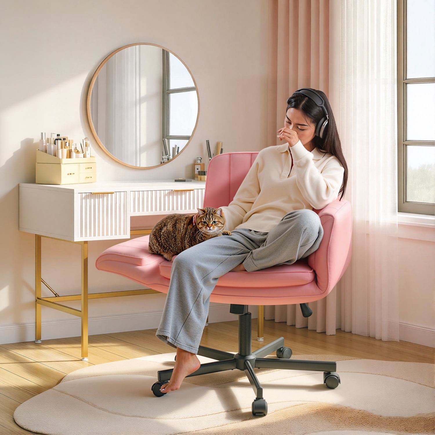 Waleaf Criss Cross Chair with Wheels & Armrests, Criss Cross Office Swivel Chair, PU Leather Vanity Chair with Back, Beige Comfortable Adjustable Vanity Desk Chairs for Home Office and Bedroom