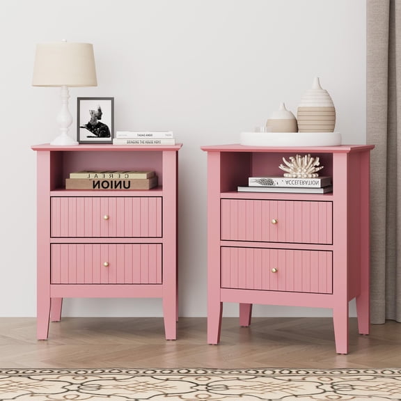 Set of 2 Fluted Nightstands, White and Pink Wooden End Table with 2 Drawers, Compact Storage for Bedroom, Living Room or Apartment