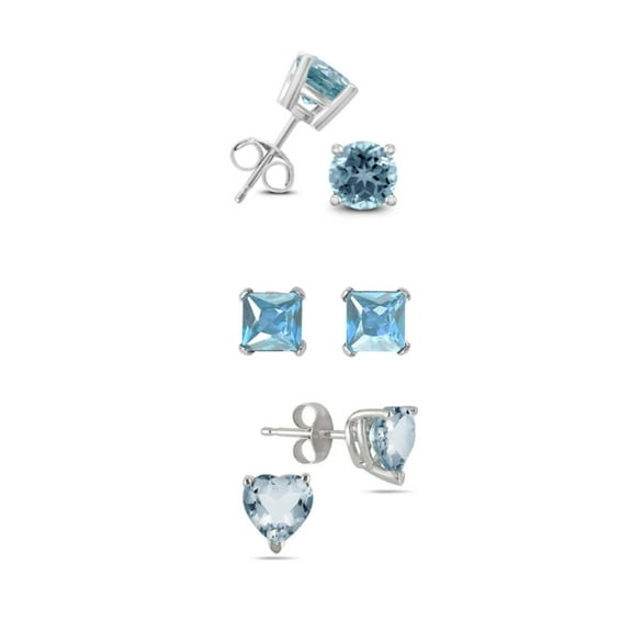 Paris Jewelry 18k White Gold 4Cttw Created Aquamarine 3 Pair Round, Square And Heart Stud Earrings Plated