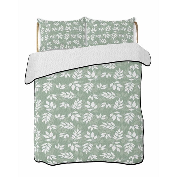 Quilts Twin XL Size, Sage Green White Leaves Soft Comforter Bedding Set for Bed, Spring Pastoral Rustic Botanical Lightweight Quilted Bedspread with Pillow Cover(2 Pieces) for All Season, 68x98 Inch