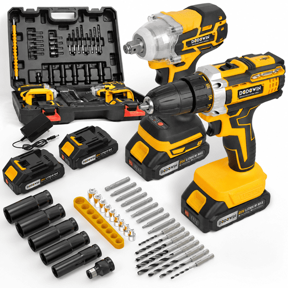 Heavy Duty Cordless Drill and Impact Wrench Combo with 2 Batteries and Charger, Professional Power Tool Set for Contractors and Serious DIYers