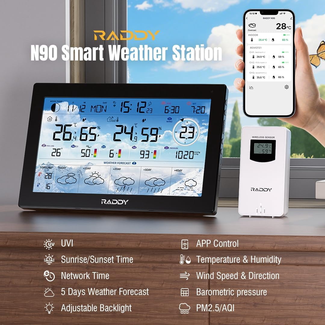 Raddy N90 Wi-Fi Weather Station with 8.8" Display, Smart App Connectivity, Indoor Outdoor Thermometer with Wireless Sensor