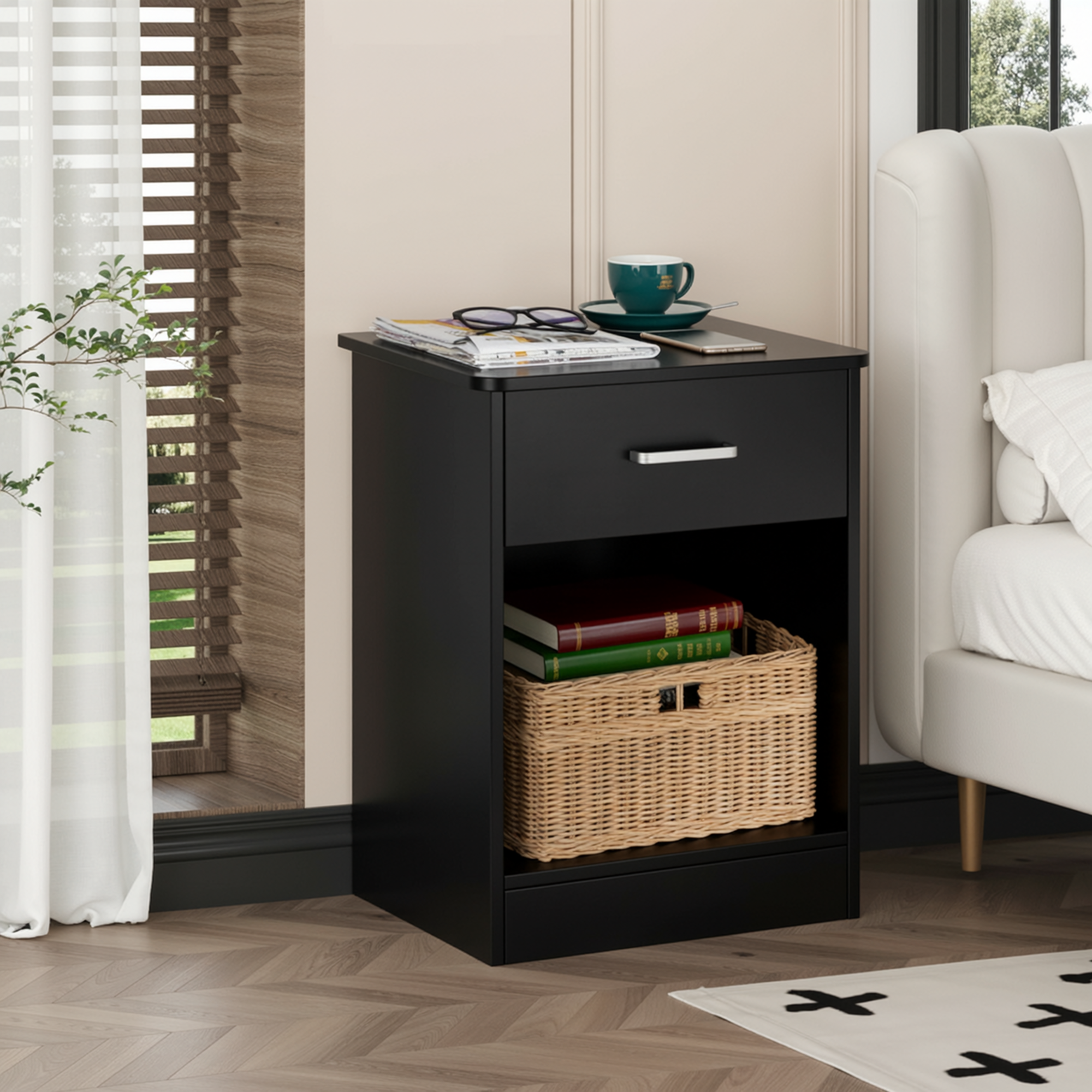 Homfa 2-Tier Nightstand with Drawer, Black photo 1