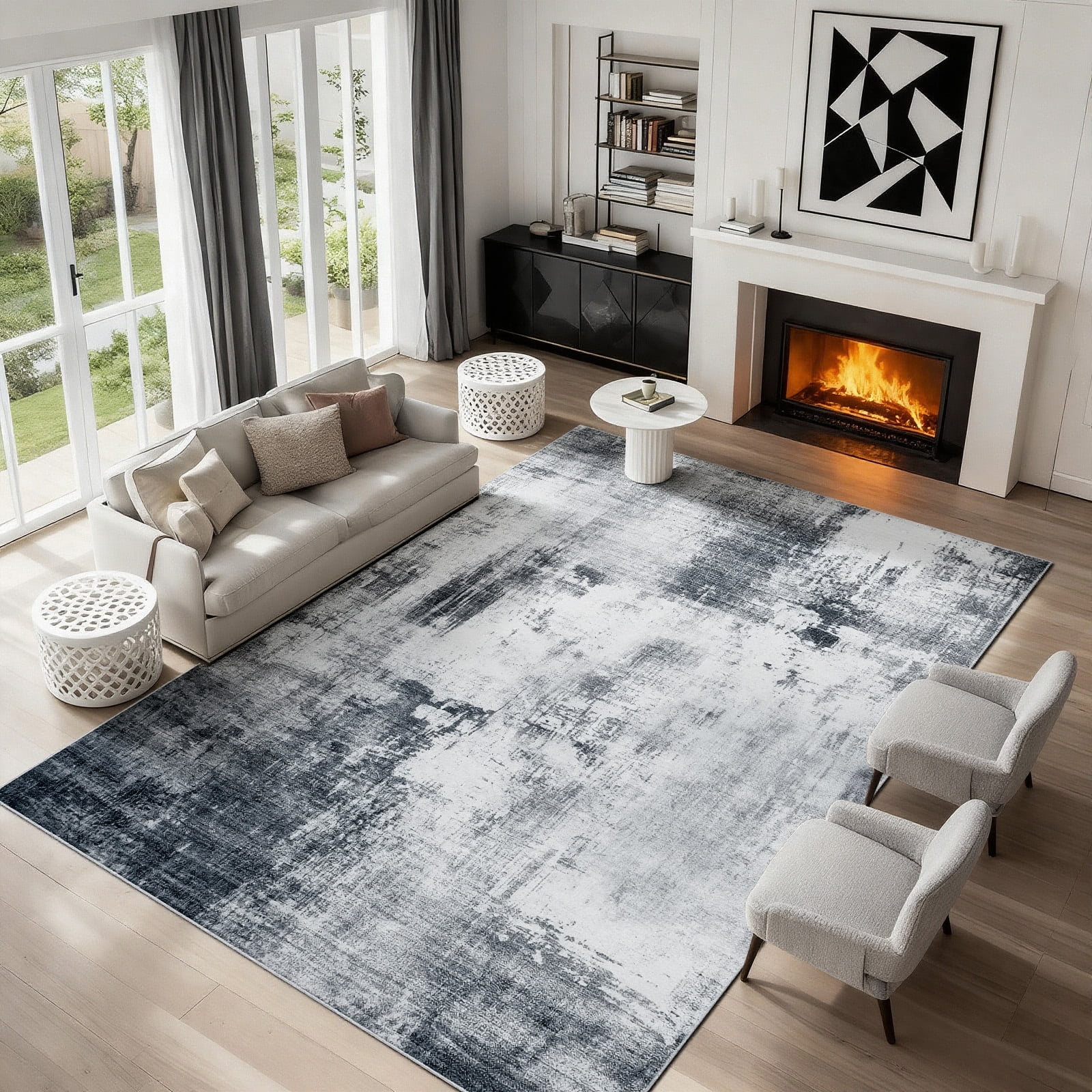 8x10 Large Area Rugs for Living Room- Modern Abstract Area Rugs Machine Washable Rugs, Non-Slip Soft Neutral Farmhouse Carpet Rugs for Bedroom, Dining Room, Home Office ,Black