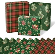 Christmas Wrapping Paper 6 Sheets, Vintage Green Christmas Trees, Poinsettia, Red Bow Bells, Red Green Buffalo Plaid, Folded Flat for Holidays Party 19.7" x 27.5" Per Sheet