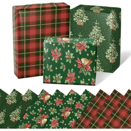 Christmas Wrapping Paper 6 Sheets, Vintage Green Christmas Trees, Poinsettia, Red Bow Bells, Red Green Buffalo Plaid, Folded Flat for Holidays Party 19.7" x 27.5" Per Sheet