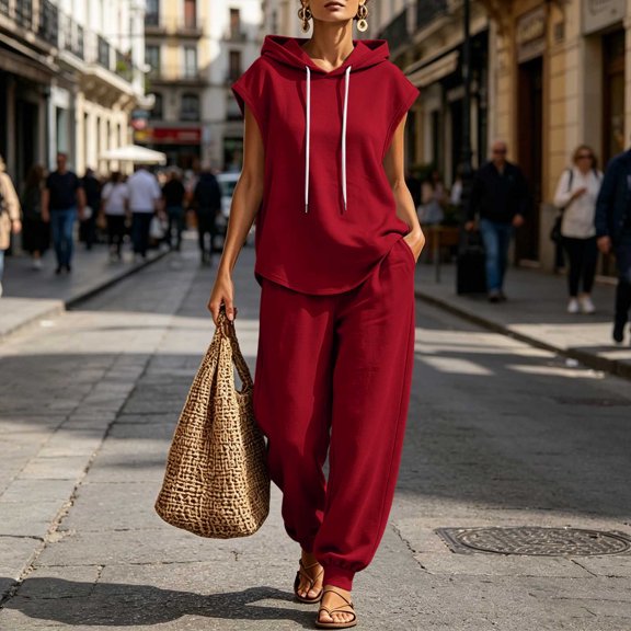 Mifsaly 2 Piece Travel Outfits for Women Sleeveless Hoodie and Elastic Waist Jogger Pants with Pockets Relaxed Fit Lounge Matching Outfits Red,XL