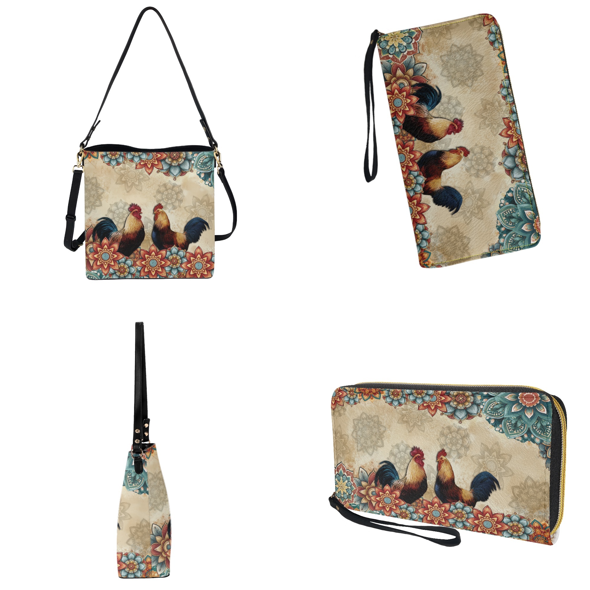 ZUXONGSY Boho Mandala Rooster Print Crossbody Handbag with Leather Wallet for Women Casual Leather Crossbody Handbag with Wrist Wallet Trendy 2 Pcs Bucket Purse Set for Workout