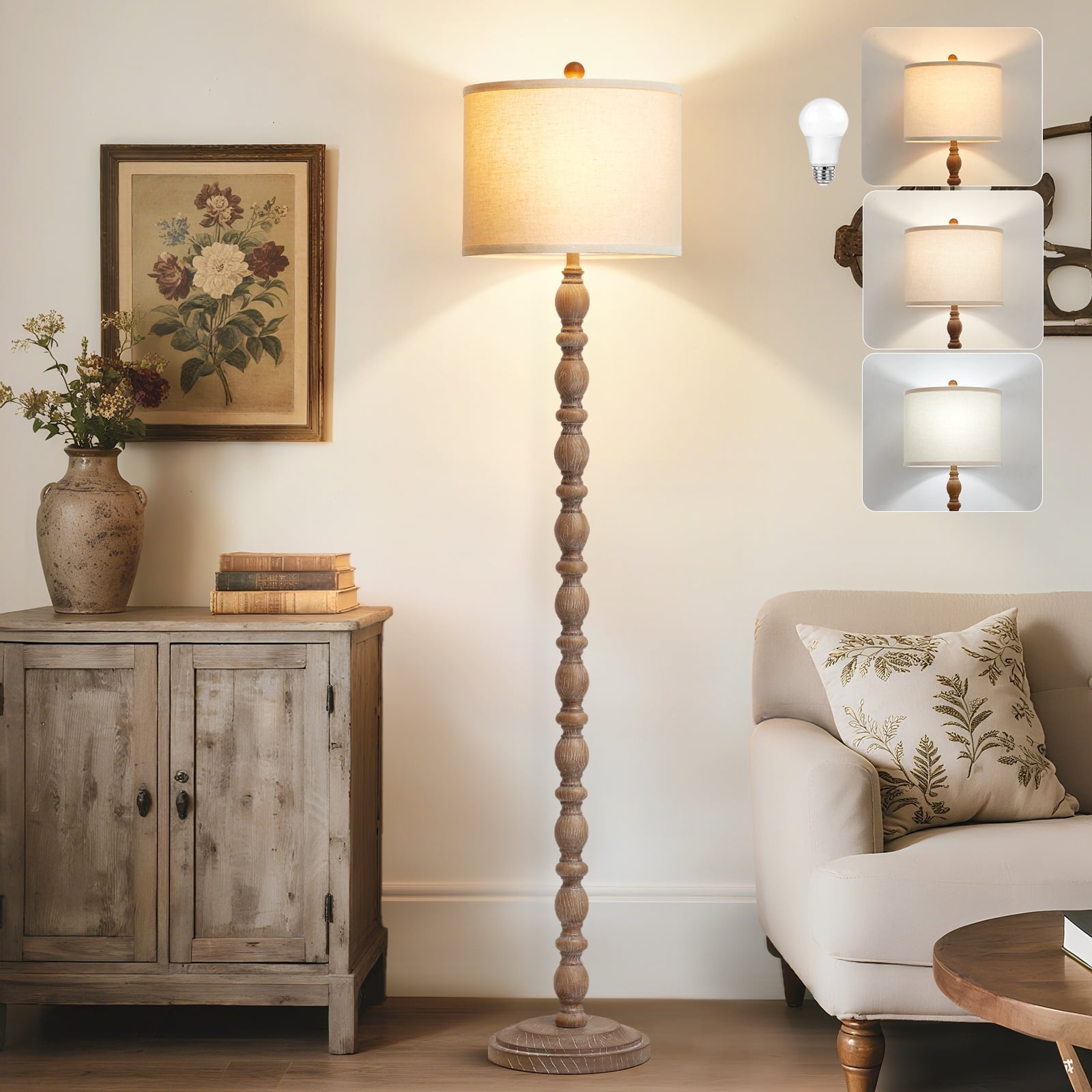 NATYSWAN 62" Floor Lamp for Living Room,Retro Farmhouse Resin Tall Standing Lamp with 3 Color Temperatures for Bedroom, Office