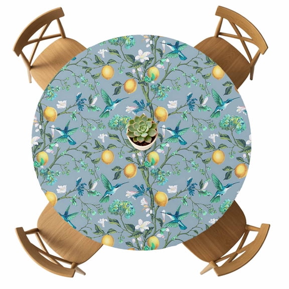 Round Fitted Tablecloth with Elastic Teal Hummingbird Tablecloths Waterproof Oil Proof Lemon Fruit Branch Table Cover for Kitchen Dinner Holiday Party Picnic Fits Tables up to 36"- 44" Diameter
