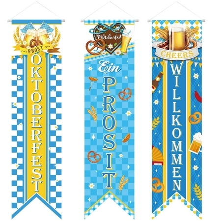 3 Pieces Oktoberfest Party Decorations Bavarian Banners Oktoberfest Prosit Welcome Porch Signs Festival Hanging Backdrops for Home Bar German Party Indoor Outdoor Wall Door Decor