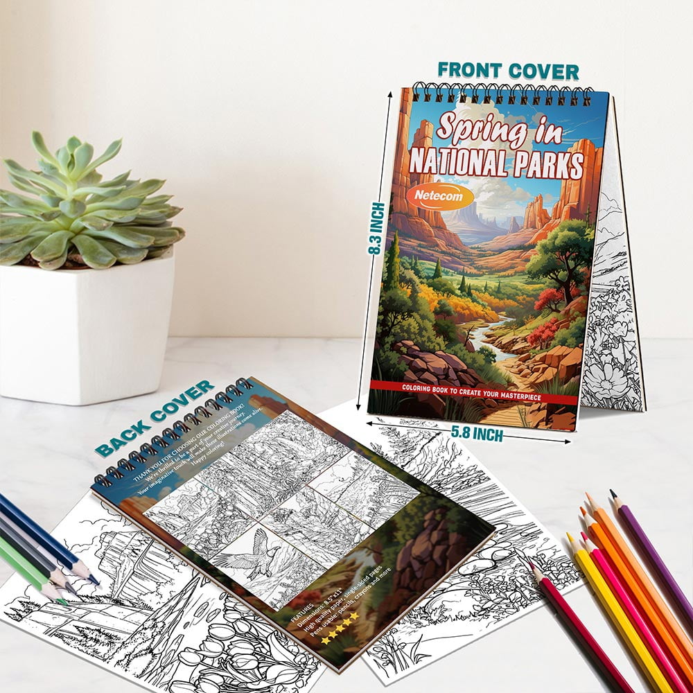 Netecom Spring in National Parks Coloring Book Spiral Bound for Adults, A5 Wooden Cover, 30 Coloring Pages of Scenic Landscapes, Blooming Flowers, Mountains for Stress Relief and Relaxation