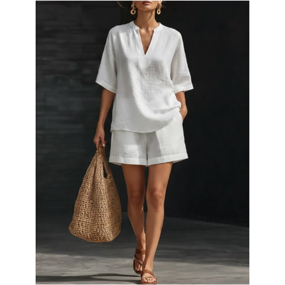 Two Piece Linen Short Sets for Women Short Sleeve V Neck Shirt Top and Shorts Casual Summer Travel Vacation Outfits Loose Short Sleeve