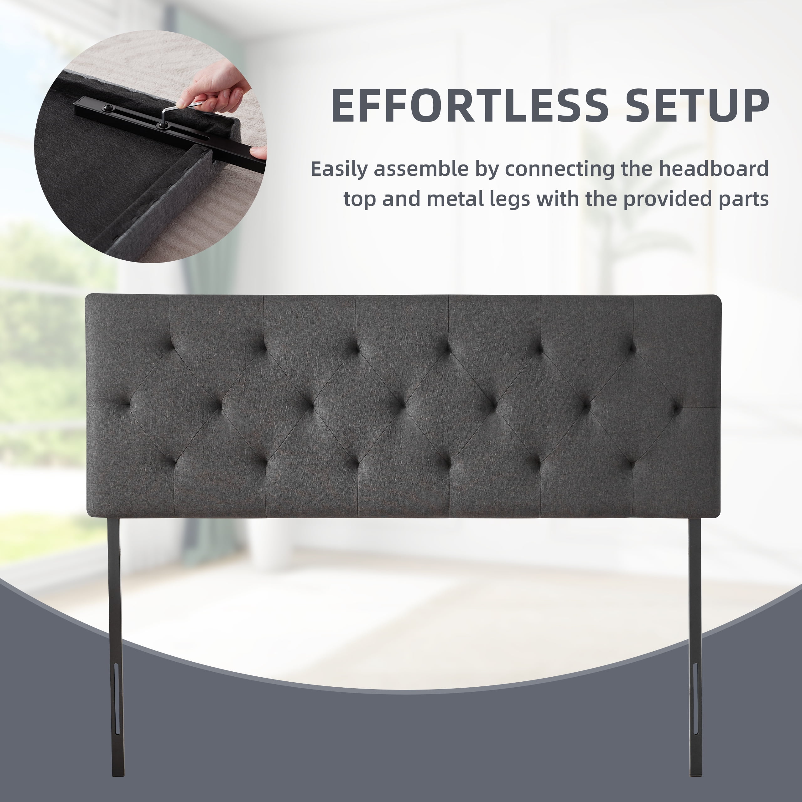 Weture Linen Upholstered King Size Headboard, Modern Panel, Dark Grey