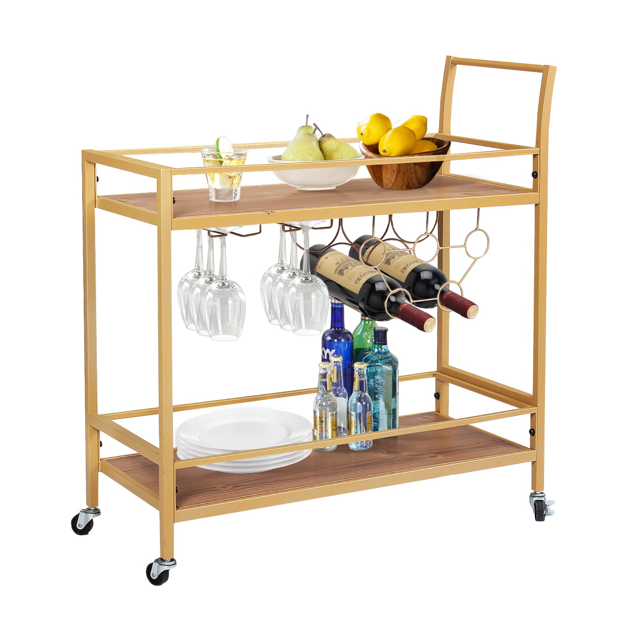 Easy Assembly Rustic Brown BF02TC01 3-Tier Utility Cart with Lockable Castors Kitchen Stand with Storage Shelves Adjustable Feet HOOBRO Bar Cart Rolling Serving Cart with Wine Glasses Hooks