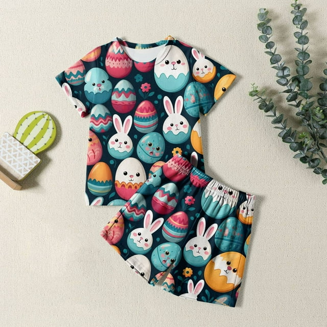Ensemble de Pyjamas de Pâques pour Enfants Mignon Lapin de Pâques Col Rond T-Shirt à Manches Courtes et Shorts Ensemble de Pyjamas Vêtements d'Été
