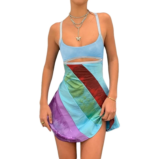 Mini vestido sexy con cuello halter y recorte para mujer Y2K Rainbow Girl Printed Backless Lace Up Bodycon Dress Vestidos de playa tropical Fokelyi WRLF-95-2