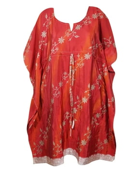Mogul Women Red Mid Calf Kaftan Dress Beach Coverup Printed Resortwear Loose Holiday Recycle Sari Caftan Dresses 3X