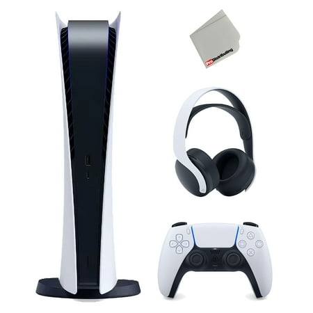 Sony Playstation 5 Digital Version Console (Japan Import) with White PULSE 3D Wireless Gaming Headset and Microfiber Cloth