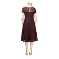 thumbnail image 2 of SLNY Womens Burgundy Lace Sequined Floral Cap Sleeve Scoop Neck Midi Party Fit + Flare Dress 12, 2 of 2